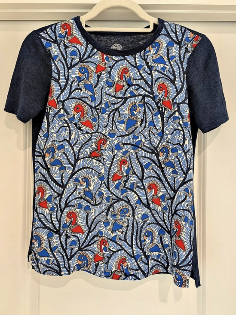 Tory Burch Silk Linen T-Shirt Tropical Bird Print Blue & Red XXS